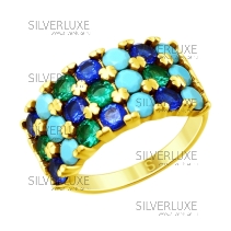 Кольцо из золочёного серебра с голубыми ситаллами и фианитами